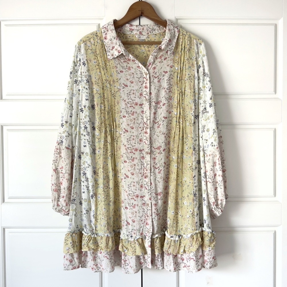 Cato Cottagecore Floral Button Up Blouse 22 24W Cream Pink Ruffles Boho Romantic